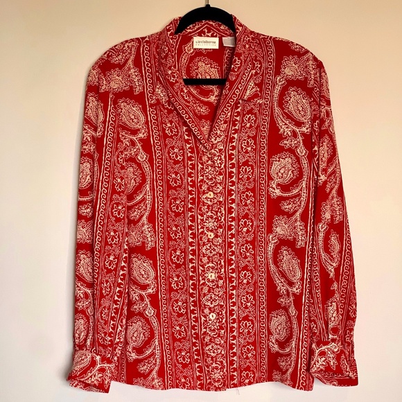Liz Claiborne red and beige detail long sleeve blouse size 14 - Picture 1 of 7